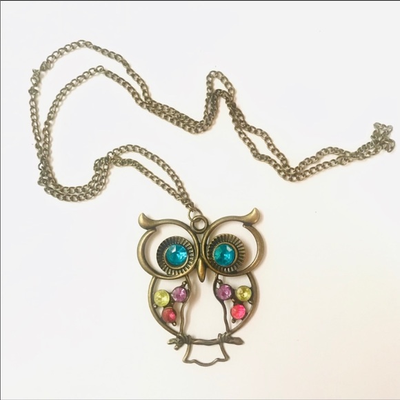 NEW•Antique Style Owl Necklace w/ Jewel Gems•NWT• - Picture 2 of 11
